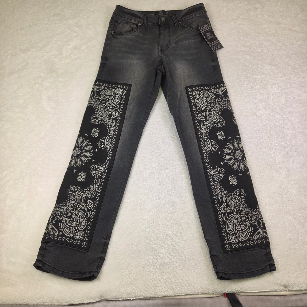 Rebel Vengeance Men 28 Bandana Patch Jeans Faded Black Paisley Tapestry Straight